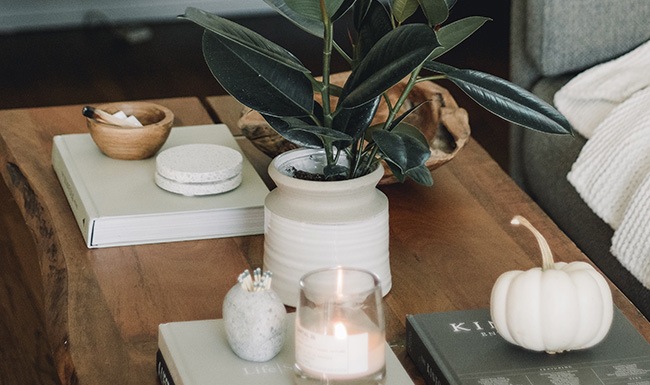 modern decor and candles on a wooden table